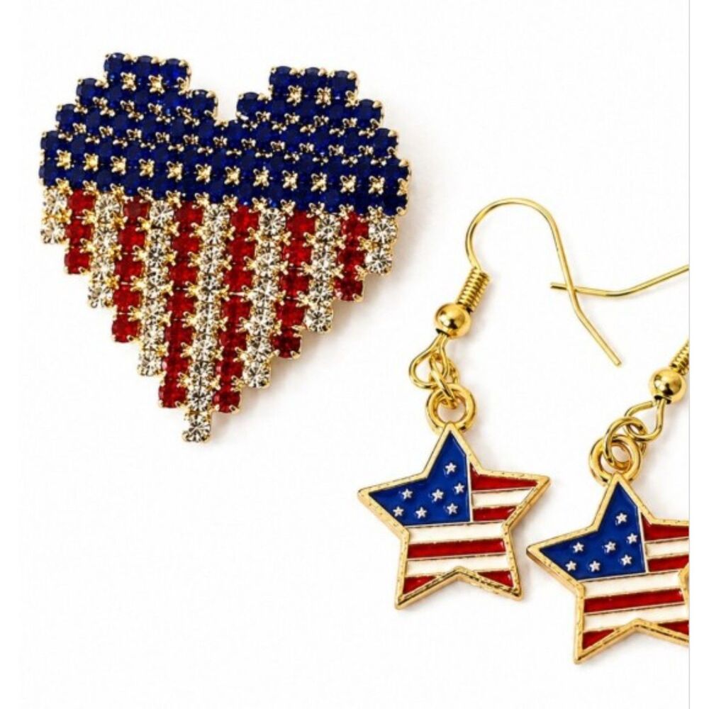 Patriotic USA Flag Heart Brooch + Star Earrings Set Red White Blue Americana